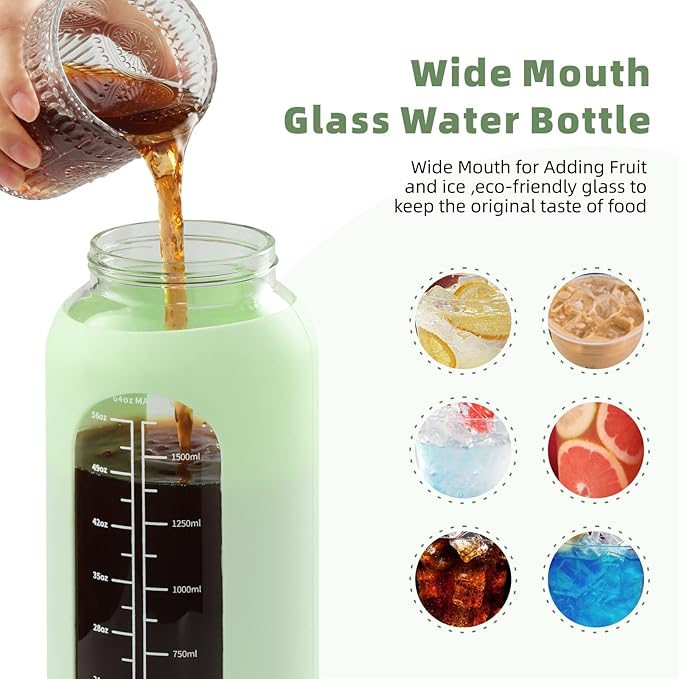 Glass Water Bottle with Straw and Handle Lid Half Gallon Motivational Glass Bottle with Silicone Sleeve and Time Marker Large Reusable Sports Water Jug for Gym Home Workout