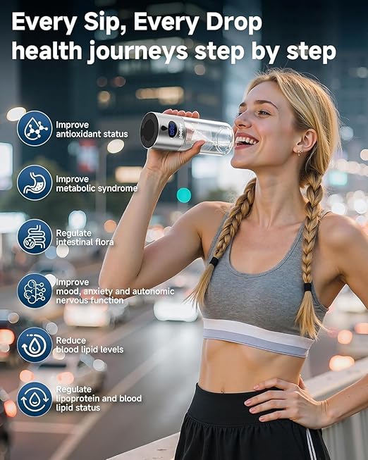 Hydrogen Water Bottle - 5000 PPB in 8 Minutes, Cyclic Mode for 8 Hours, Self Clean, Aluminum & Glass, for Travel Sports Office Home, Gift for Father Mom Family Friends Clients(Grey, 12Oz)