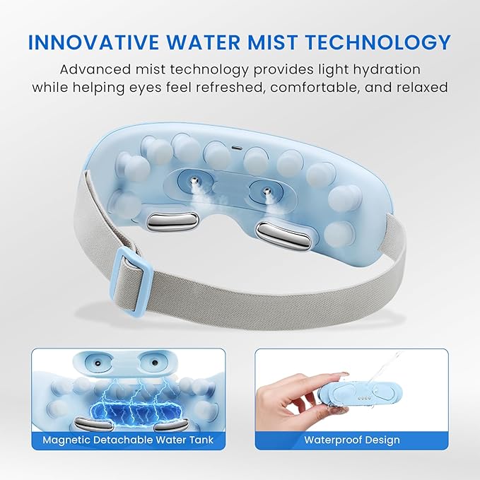 Eye Massager with Water Mist & Heat Therapy, 4 Modes Bluetooth Eye Massage Device for Dry Eyes & Eye Strain Relief, Gift for Women