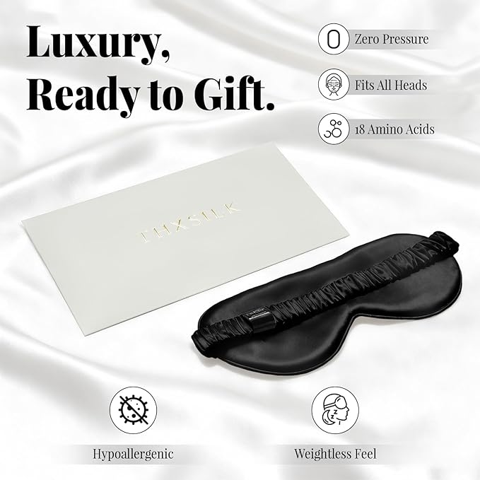 THXSILK 6A+ Grade 25 Momme Silk Sleep Mask, 100% Mulberry Blackout Eye Mask for Sleeping, Soft Lightweight Silk Eye Cover for Women, Men, Travel, Nap, Airplane(4.3×9.7inches,Black)