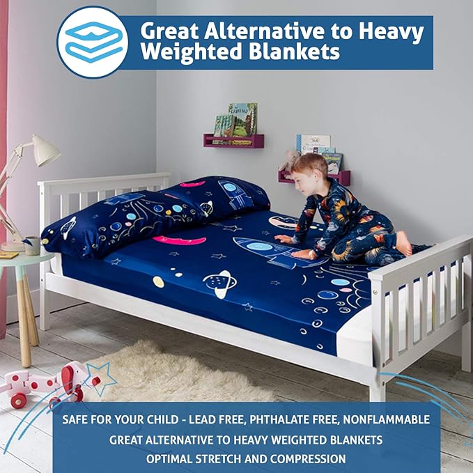 Deep Pressure Sensory Bed Sheet – Twin Sensory Compression Sheet Breathable Sleep Pod Blanket for Better Sleep Support – Calming Compression Blankets for Kids and Adults Rocketship Design