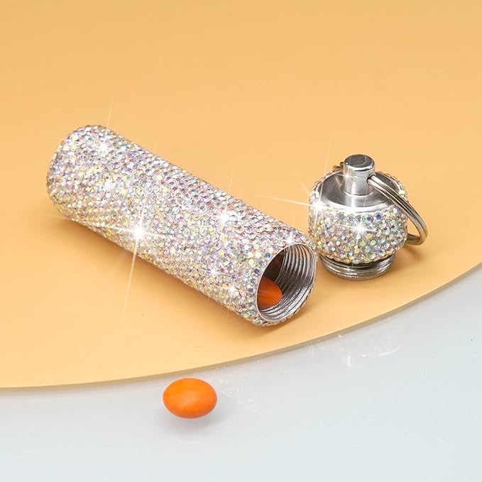 Yuchew Bling Pill Case Pill Container Rhinestone Pill Box Portable Waterproof Pocket Pill Holder Bottle Storage with Keychain for Travel, Outdoor, Camping (AB Color)
