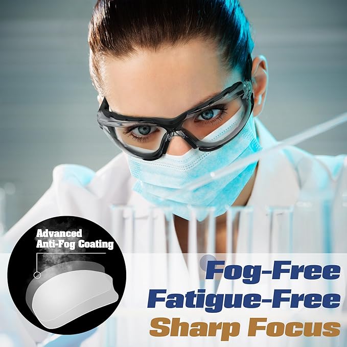 Flaya Adjustable Safety Glasses for Men & Women Anti-Fog ANSI Z87.1 UV400 Protection Goggles with Foam Seal & Strap