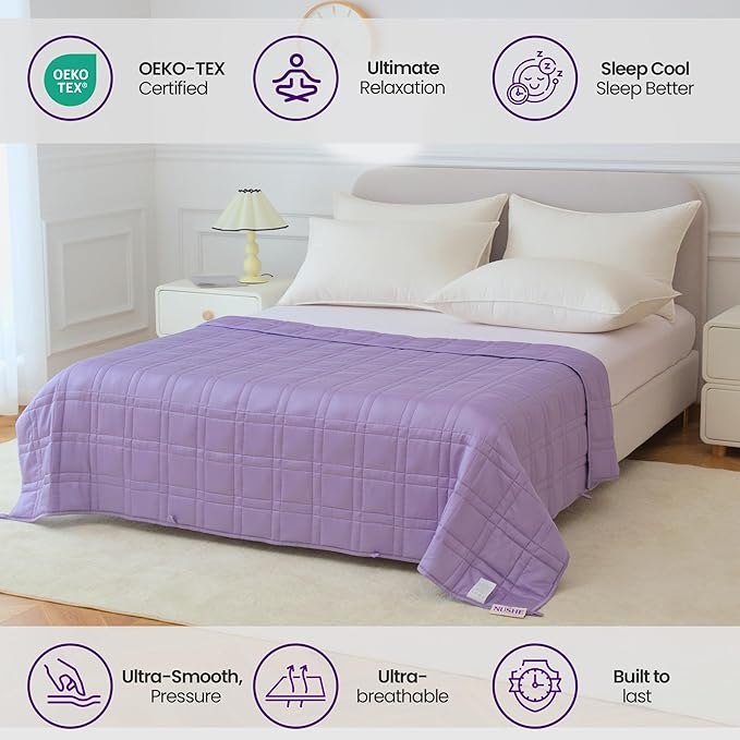 Weighted Blanket for Adults (15 lbs, 48”x72”,Purple) Twin Size. 100% 300TC Viscose, Derived from Bamboo-Premium 7 Layer Cooling Weighted Blankets. Breathable Blanket with travel bag & Machine Washable