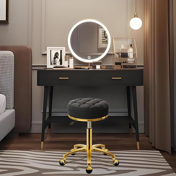 Rolling Stool Gold Vanity Stool with Wheels, Pedicure Massage Roller Stools, PU Leather Round Swivel Salon Spa Chair, Titanium Gold Base, Height Adjustable 43-55 cm (Black)