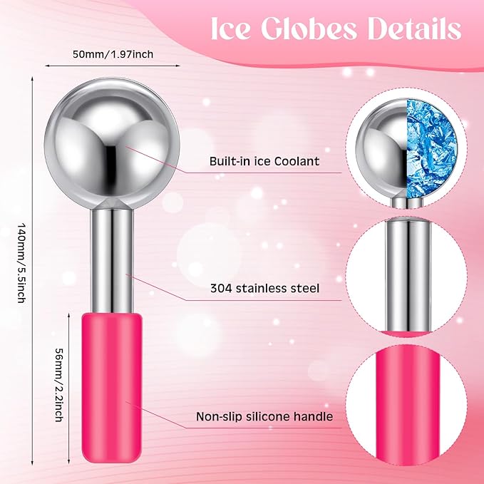 Baderke 2 Pcs Ice Globes for Face Stainless Steel Cooling Globes Unbreakable Cooling Roller Women Ice Balls Cryo Sticks Facials Skin Care for Dark Circles, Puffiness(Silver (Pink Handle))