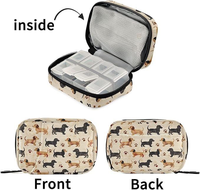 Fustylead Cute Brown Black Dachshund Dogs and Paw Prints Pill Organizers 2 Times A Day Pill Case Bag with Zipper Portable Weekly Pill Dispensers for Vitamin Supplement