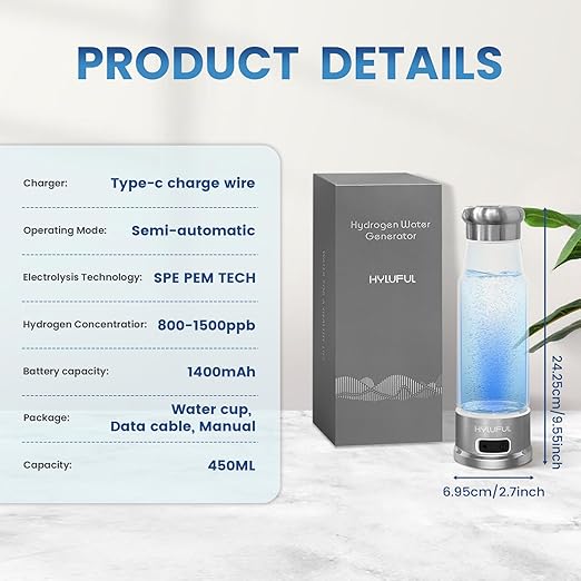 Hydrogen Water Bottle Generator, 450ml Portable Water Ionizer With SPE PEM Technology, Rechargeable Hydrohealth Machine for Home, Office