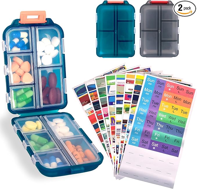 2 Pcs Travel Pill Organizer with Labels, Portable Travel Medicine Daily Pill Container Organizer 7 Day Pill Case Storage Vitamin Fish Oil (Blue & Gray, 320 Medicine Lables)