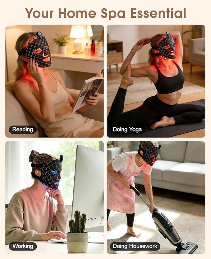 Red Light Therapy Mask for Face, LED Face Mask with 7 Colors Modes, Rechargeable Beauty Device with Eye Shields, Adjustable Straps & Timer for Home Travel Skincare