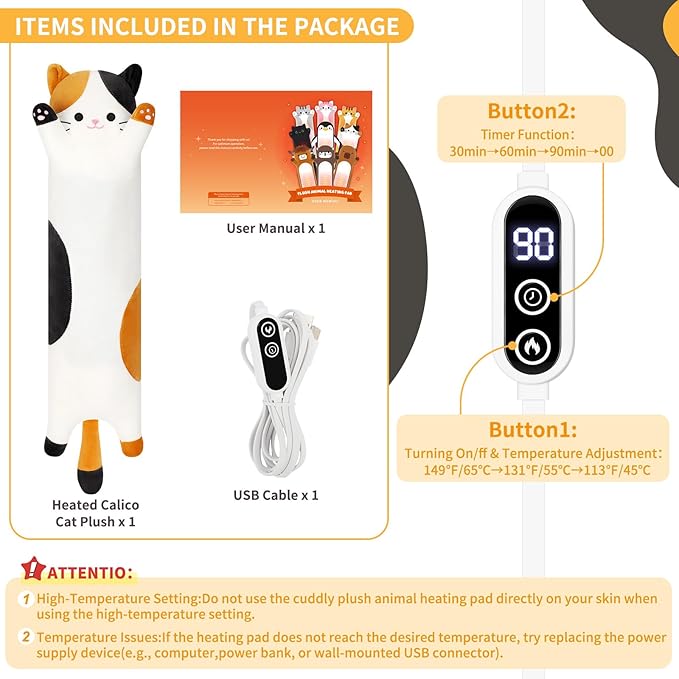 Calico Cat Heating Pad-USB Heated Plush Stuffed Animals for Period Cramps and Menstrual Pain Relief,22” Portable Electric Kitten Heating Pads,Built-Pocket Plushies Women Girls Gifts