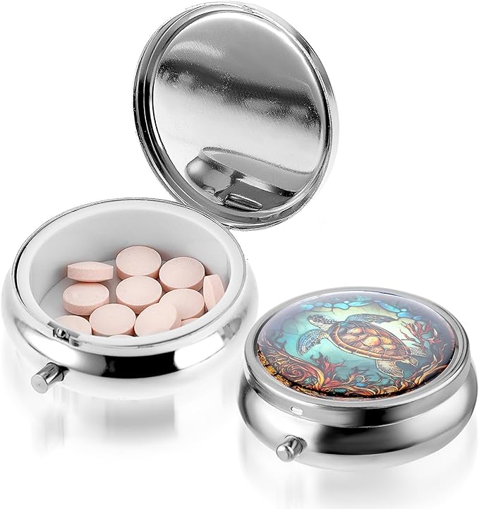 Pill Box Cute Small Pill Box for Purse & Pocket Medicine Organizer Travel Pillbox Waterproof Pills Cases Metal Pills Container Holder for Vitamins, Fish Oil, Supplements (Grey sea Turtle)
