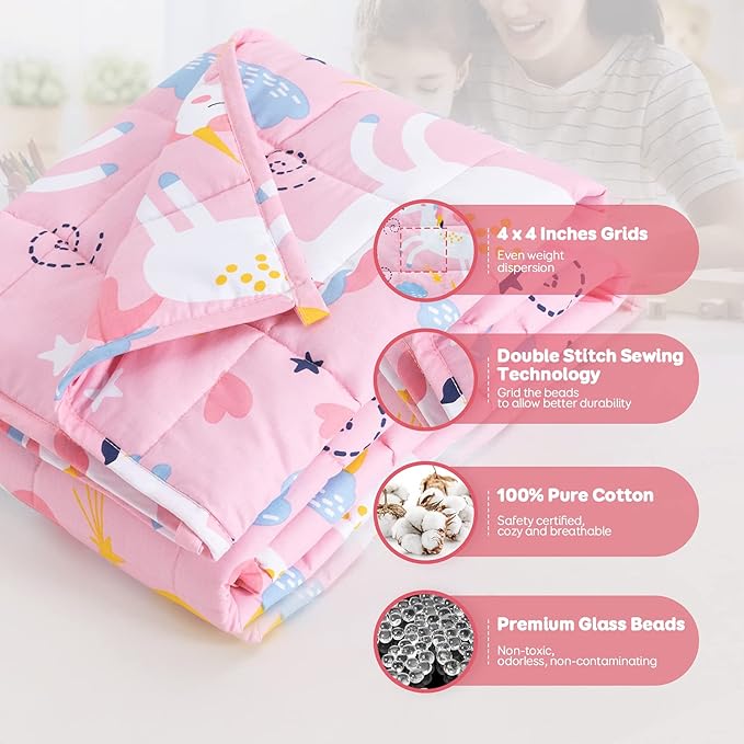 Sivio 100% Cotton Weighted Lap Pad 3lbs Sensory Throw Pad with Glass Beads Portable Lap Blanket Great for Home Classroom Travel, 20' x 30', Pink Unicorn