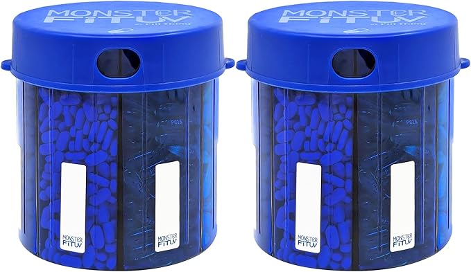 Monster Supplement Medication Pill Dispenser with Compartment Labels - Extra Large Pill Container Bottle Handles Almost Any Supplement - Easy to Dispense (Monster Blue UV -2 Pack)