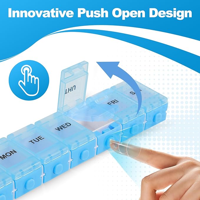 2 Pack Push Button Weekly Pill Organizer 2 Times a Day, Medicine Pill Organizer, Pill Box Case 7 Day AM PM, Pill Container for Vitamins, Fish Oil, Supplements Medication（Blue+Purple