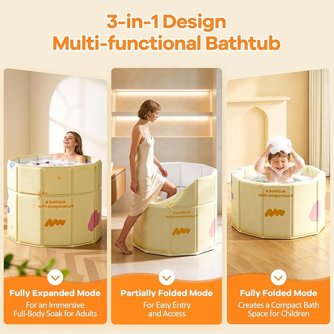 Portable Bathtub, Hot Ice Bath Tub Inflation-free, Shower Bathroom SPA Soaking Tub, Collapsible Bathtub No Installation for Home & Outdoor (Warm Yellow, 27.55"L x 27.55"W x 27.55"H)