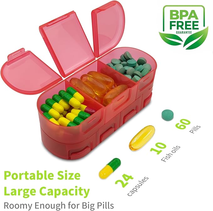 Weekly (7 Days) Pill Organizer Travel, Double-Sided Opening Design, 2/3/4 Times a Day, Portable Pill Box for Storing Fish Oils/Supplements/Medication/Vitamins（2 PC Red）