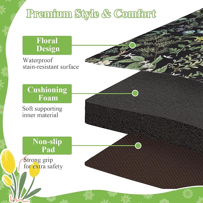 SHACOS Botanical Kitchen Rugs Set of 2 Spring Anti-Fatigue Kitchen Mats Black Green Leaf Cushioned Mats with Leaves Herb Greenery Farmhouse 17x27.5+17x47, Vintage Plants