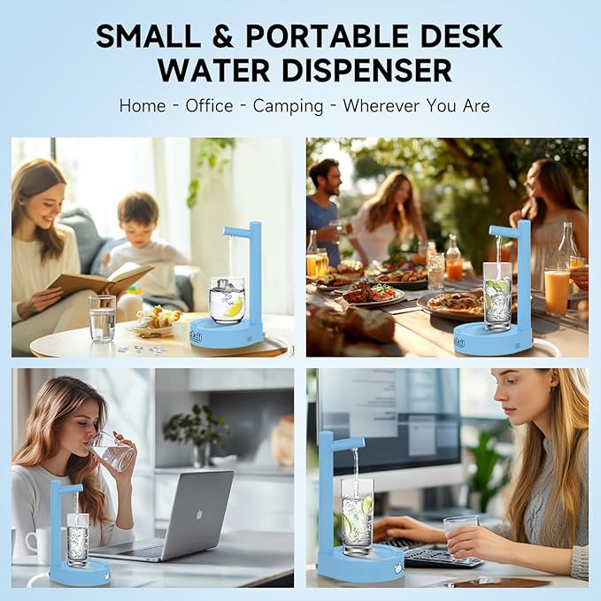 Water Dispenser for 5 Gallon Bottle – Desktop Electric Water Pump with USB-C Fast Charging, Portable 5 Gallon Water Jug Dispenser for Home, Office, Bedside & Countertop (Sky Blue)