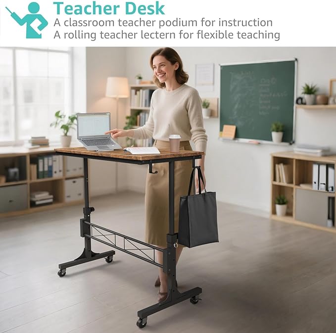 Small Portable Rolling Standing Desk - 32 Inch Adjustable Height Mobile Stand Up Desks with Wheels for Treadmill Walking Pad, Teacher Podium for Classroom, Couch Sofa Side Laptop Table, Rustic Brown
