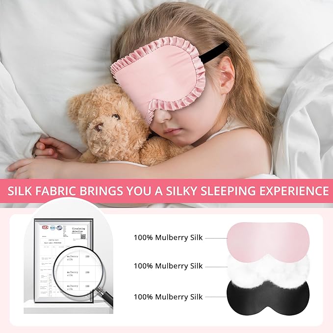 Kids Sleep Mask, 100% Real Mulberry Silk Eye Mask, Sleeping Mask for Kids with Adjustable Elastic Band, Soft & Light Blocking Eye Cover Gift for Boys Girls Teens Age 5+ (Pink)