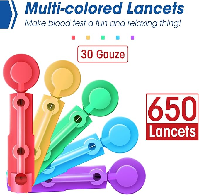 AZEN 650 Pcs Lancets for Diabetes Testing, 30 Gauge Multicolored Blood Sugar Lancets, Diabetic Lancets for Lancing Device