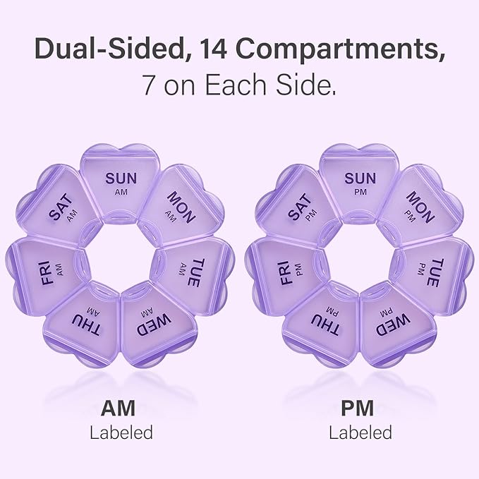 Weekly Pill Organizer, 7 Day AM/PM Pill Box with 14 Compartments, 2 Times a Day Travel Pill Case for Vitamins, Medicine, Fish Oil & Supplements (Purple)