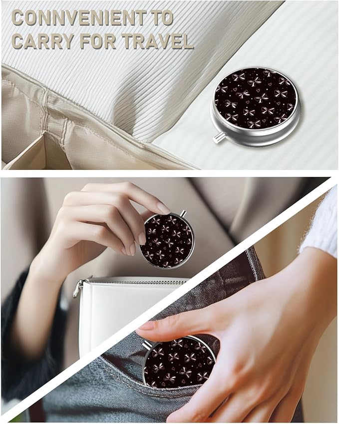 Pill Box, 3 Compartment Portable Travel Medicine Box with Mirror, Compact and Cute, Fits in Purse and Pocket, Medicine and Vitamin Organizer (Love Bow)