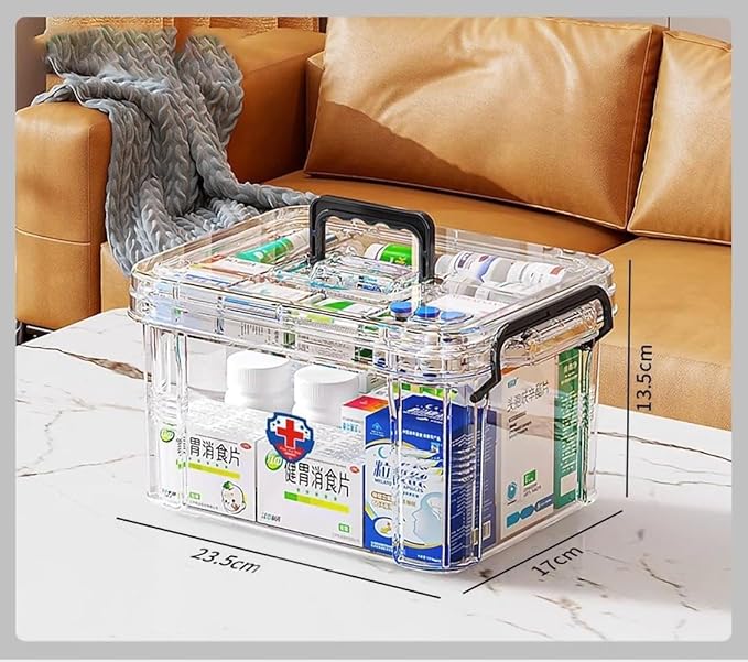Medicine Storage Box, Pill Bottle Organizer, Transparent Med Organizer, Double Compartment, Large Capacity