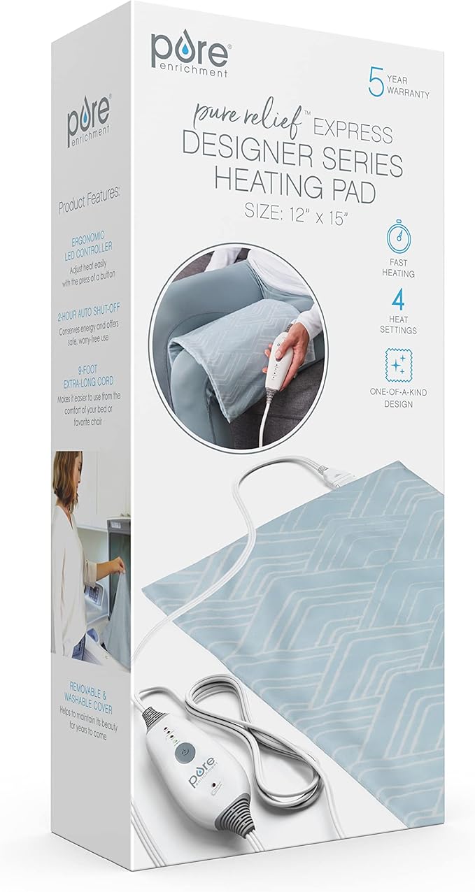 Pure Enrichment PureRelief Express Designer Series Electric Heating Pad - 12” x 15” Fast-Heating with 4 Heat Settings, Machine-Washable Fabric, & 2-Hour Auto Safety Shut-Off - Cerulean Diamond