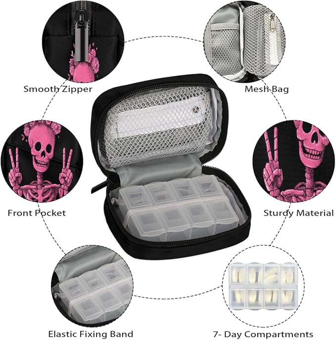 Pink Skull Fun Pill Case Travel Pill Organizer Weekly 7 Day Portable with Zipper Medicine Box Pill Case for Vitamins, Birth Control,Fish Oils,Medication, Supplements