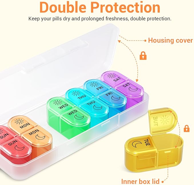 Weekly Pill Organizer 2 Times a Day - AM PM Pill Organizer with 7 Daily Color-Coded Small Cases, Morning and Night Travel Pill Cases for Vitamins, Medicine, & Supplements