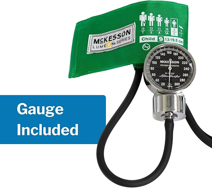 McKesson LUMEON Blood Pressure Cuff and Bulb with Gauge, Pediatric Aneroid Sphygmomanometer, Green, Child, 12 cm to 17 cm, 1 Count