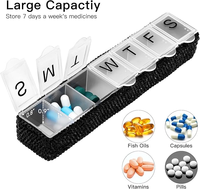 Soleebee Portable Weekly 7 Day Pill Organizer, Bling Crystal Pill Box Case, Travel Pill Planner, Pill Dispenser, Medicine Vitamin Container Organizer (Black)