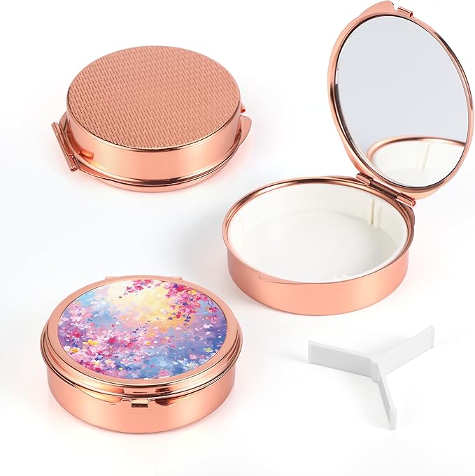 Dynippy Pill Case Pill Box with Mirror Pocket 3 Compartment Medicine Case Vitamin Pill Organizer for Pocket Purse and Travel (Round, Rose Gold-Dreamy Blooms)