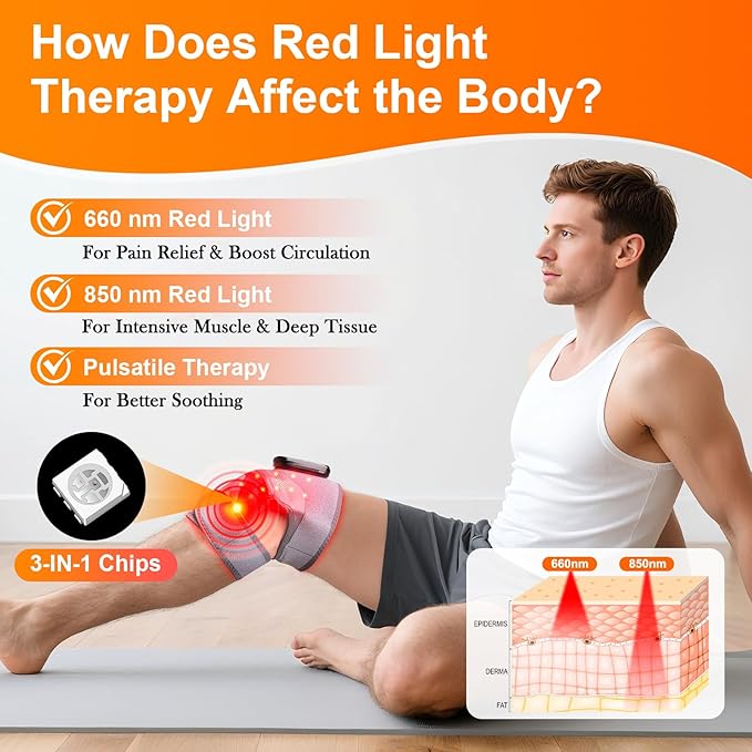 Knee Massager with Heat and Red Light Therapy and Vibration, 660nm & 850nm Infrared Red Light Therapy for Pain Relief, 5000mAh Protable Rechargeable Heated Brace for Knee, Joint, Elbow, Shoulder