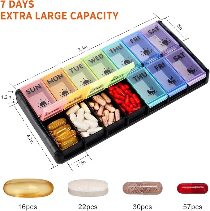 Extra Large Pill Organizer 2 Times a Day, FGcase Easy Fill AM PM Pill Box, Large Capacity Quick-Refill 7 Day Pill Cases for Pills/Vitamin/Fish Oil/Supplements Rainbow Black