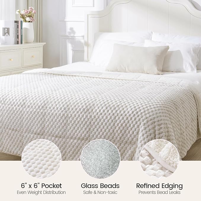 Super Fuzzy Soft Fleece Sherpa Weighted Blanket 15 lbs for Adults, 3D Imitation Turtle Shell Luxury Weighted Throw for Better Sleep, Dual Sided Cozy Blankets for Couch Bed, Cream White, 60" x 80"