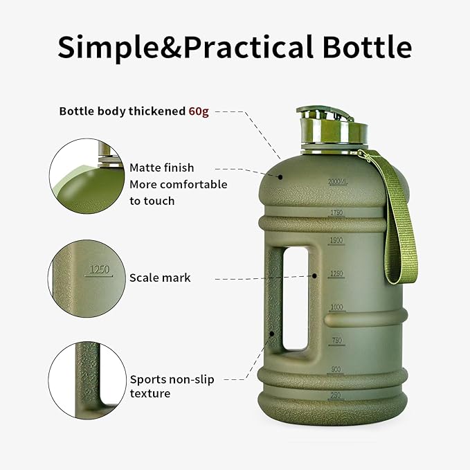 TOOFEEL 2.2 Liters Gym Big Sports Water Bottles for Men - Reusable BPA Free Plastic Clear Water Jug - Unique Water Bottles, Comfurtable to Touch and Easy to Clearn - Matte Olive Water Boottle