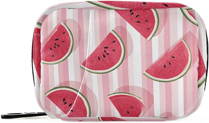 Pink and White Striped Juicy Watermelon Slices Travel Pill Organizer Case Box Container Weekly Portable Vitamin Medicine Holder Storage Bag with Zipper Removable