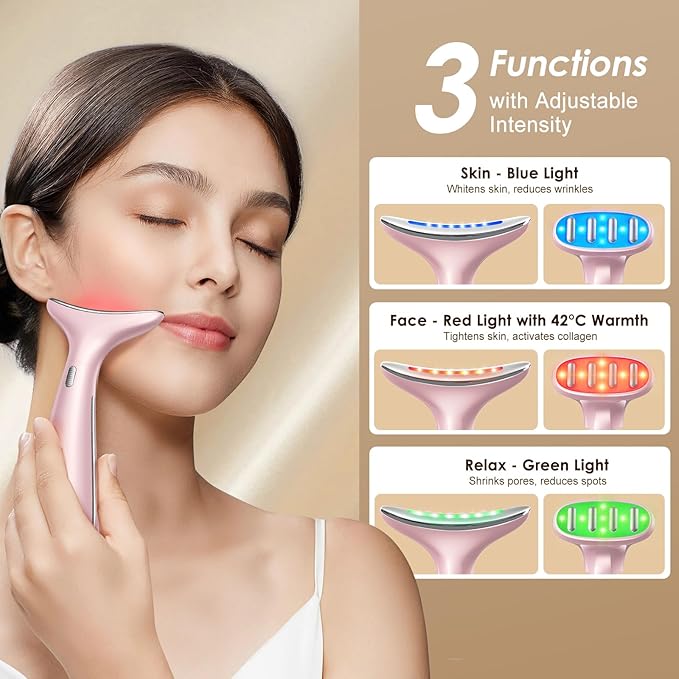 4-in-1 Multi-Area Beauty Care Device with Interchangeable Heads and Three Light Modes, Rechargeable Neck & Face Care Tool (Pastel Pink)