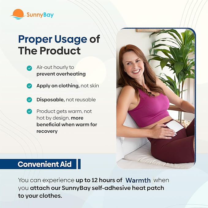 SunnyBay Adhesive Heat Patches for Neck, Knee, and Upper or Lower Back, Air-Activated Heat Pads for Menstrual Cramps, Stiffness, Sprains, and More, Stick to Clothing, 5x3 inches, 30 Count