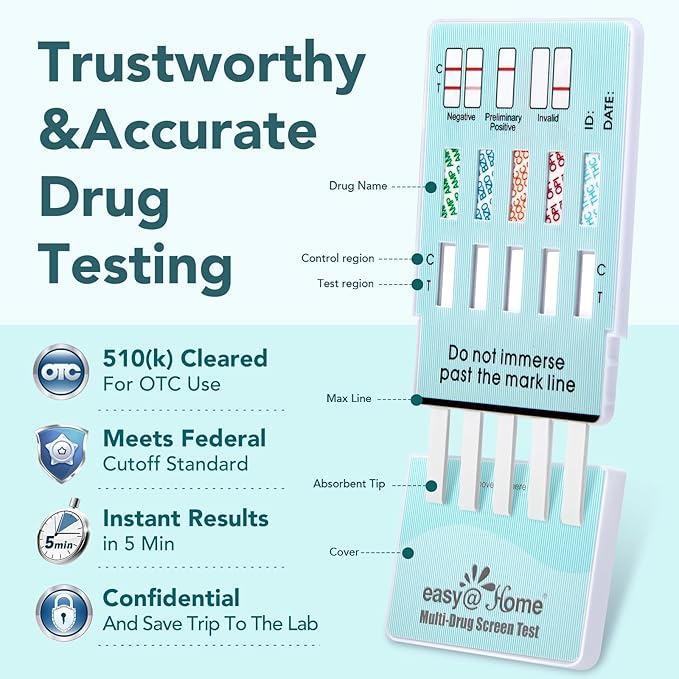 Easy@Home 5 Panel Urine Drug Test Kit [15 Pack] - THC/Marijuana, Cocaine, OPI, AMP, BZO All Drugs Testing Strips in One Kit - Home Use Drug Detox Tests with Results in 5 Mins #EDOAP-754