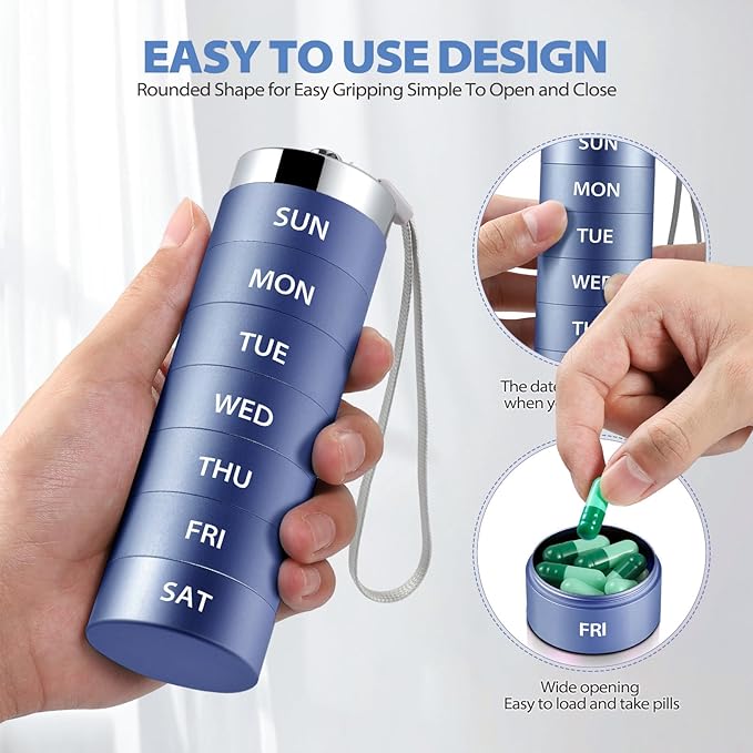 Metal Weekly Pill Organizer, Large Travel Pill Box, Portable Aluminum Alloy Waterproof Container, 7 Day Daily Medicine Organizer Holder for Vitamin, Fish Oil, Supplement, Dark Blue
