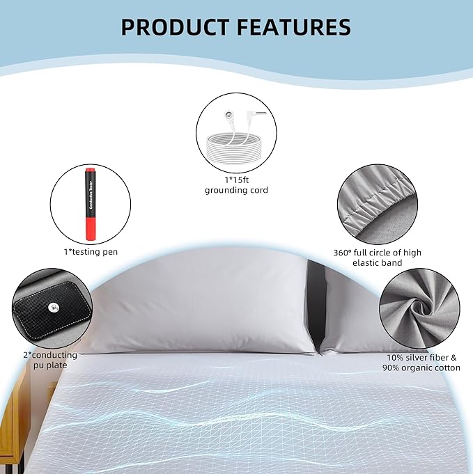 Grounding Sheets King Size, 12% Silver Fiber 88% Organic Cotton Fitted Grounded Sheet, Earthing Fitted Sheet with Ground Connection Cord for Better Sleep (71"x 80"x 15", Gray)