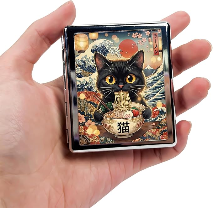 Metal 7 Day Pill Organizer, Weekly Pill Case 8 Compartments, Travel Pill Box for Purse & Pocket, Small Medicine & Vitamin Organizer, PP Dividers, Secure Clasp (Ramen Cat)