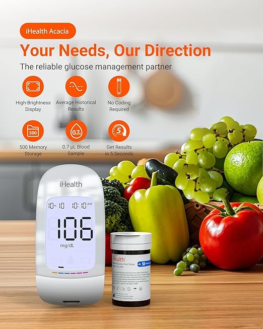 iHealth Acacia Blood Glucose Monitor Kit, 100 Glucometer Strips, 100 Lancets, 1 Blood Sugar Monitor, 1 Lancing Device, 1 Travel Bag, No Coding, Portable Blood Sugar Testing Kit, For People with Diabetes