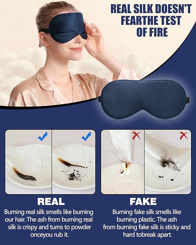 100% Mulberry Silk Sleep Mask with Adjustable Strap, 16-Momme Light-Blocking Eye Mask for Sleeping, Hypoallergenic Silk Eye Masks for Women and Men, Perfect Travel & Gift Choice（Navy Blue）