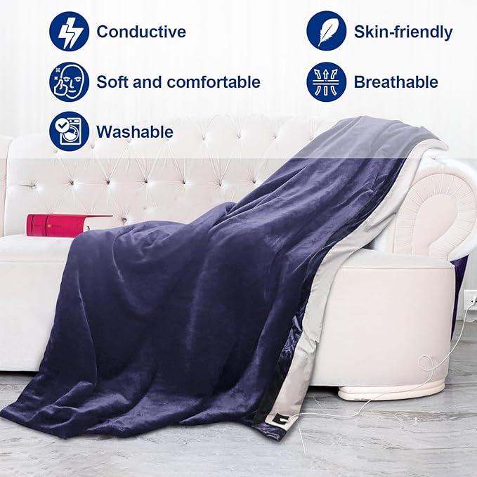 Grounding Blanket 79×55 inch Grounding Mat for Bed Grounding Sheet with Conductive Silver Fiber for Better Sleep, Pain Relief, Helps Anxiety Relief (Blue)