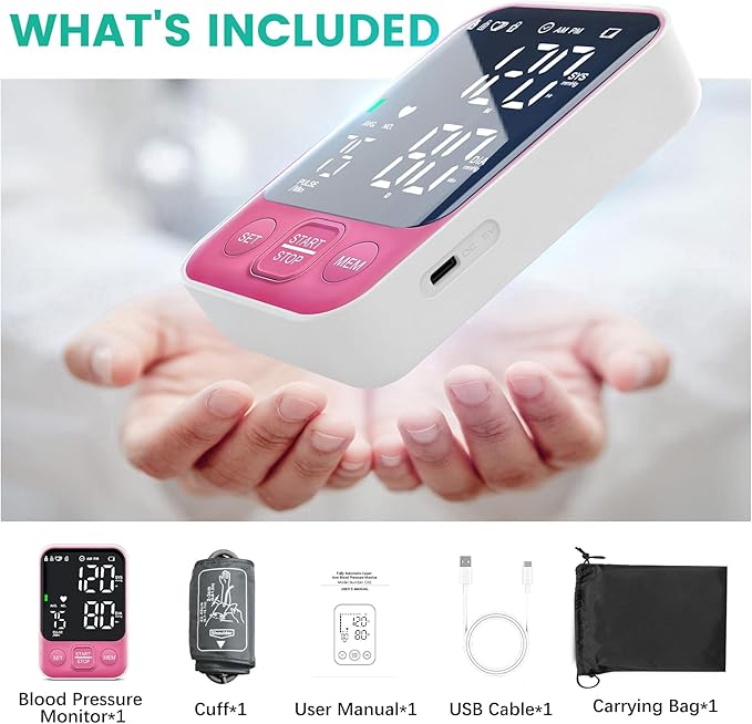 Blood Pressure Monitor Upper Arm Monitors for Home Use BP Machine with 2x120 Reading Memory Adjustable Arm Cuff 8.7"-15.7" Large Display with LED Background Light Storage Bag Pink